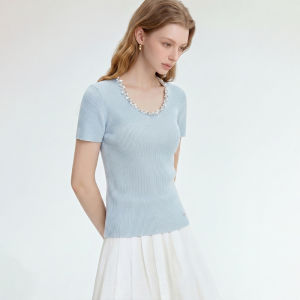 Light Blue Beaded Summer Breathable Fitted Knit Top