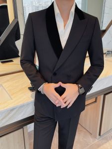 New Chinese Style Slim Fit Casual Mens Suit Jacket Wedding Ceremony Black Tuxedo Set Business Formal Wear Polyester Blend