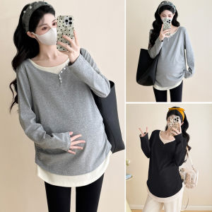 Áo Sơ Mi Cotton Dệt Kim Co Giãn Cao Ấm Áp Mùa Thu Đông Cho Bà Bầu Cỡ Lớn Áo Lót Bên Trong Áo Thun Tay Dài Cổ Chữ V