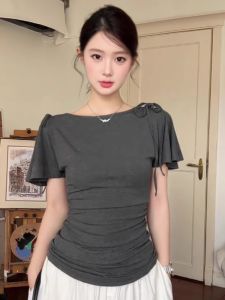 Unique Design round Neck Short Sleeve T-Shirt Womens Summer Slim Fit Bodice Korean Style Commute Casual Solid Color Top