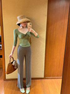 Wang Han Yan Nuo Nuo Pants Knitted Torn Loose Straight Leg Wide Leg All Match Womens Spring Autumn High Waist Long Pants