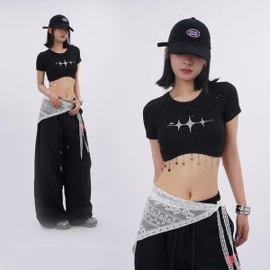 Áo Thun Nữ Tay Ngắn Mùa Hè Phong Cách Hip Hop Jazz Ngắn Ngang Bụng in Họa Tiết Thời Trang Thường Ngày