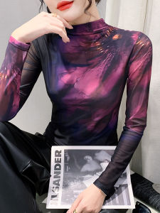 มัดย้อมพิมพ์ ผ้าขนแกะ เรียงราย ผู้หญิง เสื้อฐาน ฤดูใบไม้ร่วง ฤดูหนาว สไตล์ยุโรปครึ่งสูง ปกเสื้อ แขนยาวด้านใน รัดรูป ตาข่าย เสื้อท่อนบน