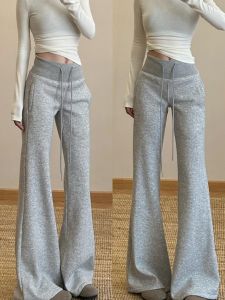 Gray Draped Micro Flared Pants Womens Extended Length Sporty Slimming Casual Floor-Length Sweatpants High Waist Knitted