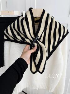 Li Qiao Superior Knitted Triangle Scarf Lazy Stripe Neck Protection Shoulder Shawl Versatile Stylish Korean Style Polyester Fiber