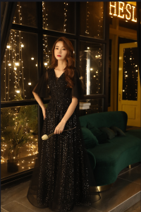 plus Size Evening Gown Women Frock Elegant Slimming Ball Performance Outfit Sweet Style Long Skirt Bubble Sleeve Deep V Neck