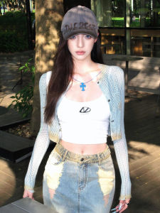 เสื้อคาร์ดิแกนถักสไตล์ย้อนยุคสไตล์อเมริกันสำหรับผู้หญิงในฤดูใบไม้ร่วง แขนยาว กระดุมสั้น เสื้อคลุมกันหนาวแบบเปิดหน้า สไตล์ยูนิเซ็กซ์