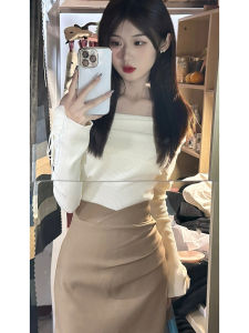 Sweet And Spicy Style One-Shoulder Two-Piece Set Korean Drama Inspired Autumn Wear High Waist A-Line Skirt Long Sleeve Pure Color