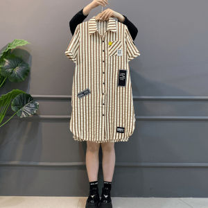 Váy Sơ Mi Kẻ Sọc Tay Ngắn Mùa Hè Mỏng Thời Trang Phong Cách Hàn Quốc Đa Năng Cho Nữ Váy Công Sở Thường Ngày Dài Vừa Phải