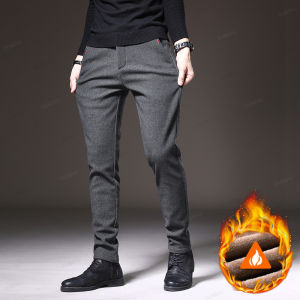Winter Fleece Warm Brushed Fabric Mens Casual Pants Outdoors Business Thick Cotton Flocking Plush Black Grey Blue Trousers Male