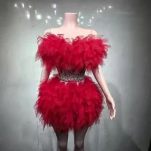 Women 2 Piece Party Dress Set Neon Tulle Off Shoulder Top + Skirt with Crystals for Nightclub Birthday Performance Dacne Wear