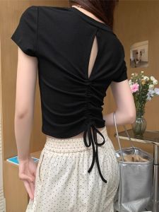 สไตล์เกาหลี สลิมฟิต เสื้อยืดแขนสั้น ผู้หญิง ฤดูร้อน ดีไซน์ Sensation Back สายคล้อง เอว Cinching French เอว เสื้อครอป