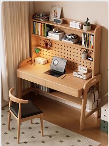 Ergonomic Height Adjustable Solid Wood Computer Desk Childrens Study Desk Home Office Desk with Bookshelf Integrated Desk