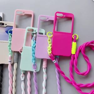 Crossbody Lanyard Matte Phone Case For Samsung Z Flip 7 6 5 ZFlip 4 3 5G Thin Solid Color PC Hard Back Cover Shoulder Strap Cap