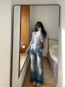 ความยาวขยาย สลิมฟิต ต่ํา เอว ก้นกระดิ่ง กางเกงยีนส์ ผู้หญิง ฤดูใบไม้ผลิ ฤดูใบไม้ร่วง Vintage Washed เดนิม กางเกง สีอ่อนล้ําลึกต่อต้านริ้วรอย