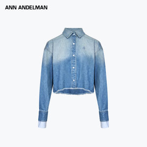 ANN ANDELMAN | Gradual Color Turn-down Collar Patchwork Fake Two-piece Denim Shirt