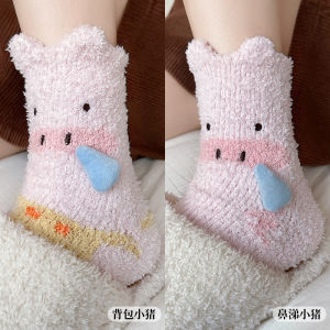 Thickened Coral Fleece Sleep Socks Womens Cute Plush Home Floor Socks Autumn Winter Style Warm Cozy Mid-Calf Personality Cat Ears Socks