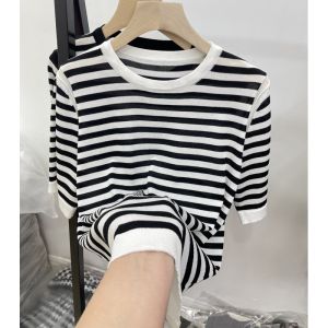 Classic Striped Color Block round Neck Ice Silk Knitted Top Womens T-Shirt Summer New Loose Soft Breathable Korean Style