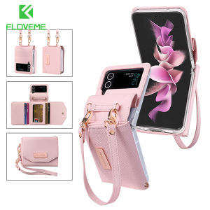FLOVEME Luxury Leather Flip Wallet Phone Case For Samsung Galaxy Z Flip 6 Z Flip 5 Flip 3 Flip 4 5G Card Slot Wrist Strap Shockproof Back Cover For Galaxy Z Flip6 Z Flip 5 Flip 3 Flip 4