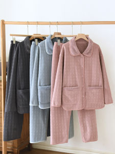 Bộ Đồ Ngủ Dày Bằng Vải Nhung Cừu Họa Tiết Kẻ Caro Cho Cặp Đôi Mùa Thu Đông Quần Dài Cổ Bẻ Cài Nút