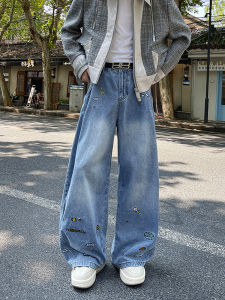 กางเกงยีนส์ทรงหลวมขาตรงสำหรับผู้ชาย ทรงย้อนยุค สไตล์สตรีท ทรงหลวม กางเกงขายาวทรงขากว้าง ปักลายสติกเกอร์ ฤดูใบไม้ร่วง