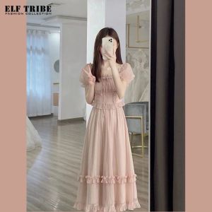 ELF TRIBE Chiffon 2-piece Skirt & Blouse Women Puff Sleeve Tie Top Layer Embellished Half-body Skirts