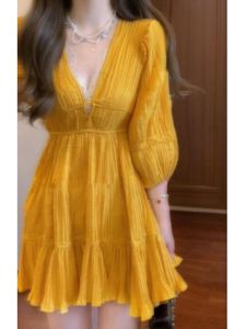 CHANGTONG | Korean French Style Yellow Dress