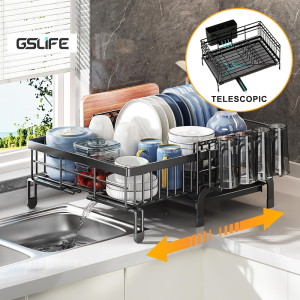 GSlife Carbon Steeel Scalable Dish Rack with Drainer Telescopic 35~54cm Kitchen Plates Bowls Organizer Rack with Cup Holder