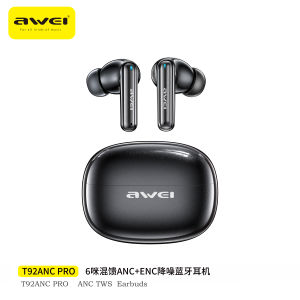 Awei T92 ANC ENC Wireless Earbuds Bluetooth with 6 Mic Bluetooth 6.0 -52dB Noise Cancelling Semi-Ear Earphone Dolby Spatial Bass Stereo Sound for Gaming Sleeping Music Original High Quality