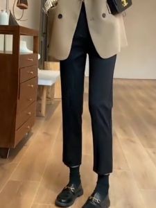 High Waist Fleece Lined Commuter Style Womens Straight Leg Slim Fit Casual Trousers Spring Autumn Slimming Small Size