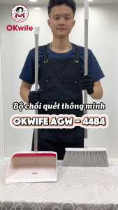 Bộ chổi quét nhà và hót rác OKwife AGW-4486 cán dài lông mềm 3 lớp răng lược gỡ tóc