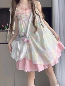 Váy Dây Ngắn Phong Cách Ngọt Ngào Mùa Hè Váy Công Chúa Không Tay Cổ Chữ V Polyester Váy Nữ Mùa Hè Váy Dự Tiệc Váy Ngắn