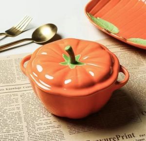 Creative Cute Dual Handle Pumpkin Soup Bowl Stew Cup Steam Eggs Tomato Bowl with Cover Baking Bowl Good-looking Baking Utensils