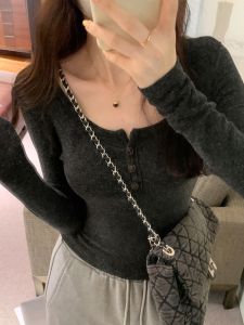 Dark Grey Long Sleeve Fleece Womens T-shirt Slim Fit Inner Wear Button Design Base Layer Top Korean Style Commute Fashion