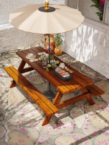 XiMei WoodWork | Outdoor Garden Umbrella Attached Wooden Table and Chair Set