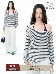 Summer Womens Striped Shoulder Baring Long Sleeve T-Shirt Set with Strap Loose Fit Casual Style Polyester And Viscose Blend
