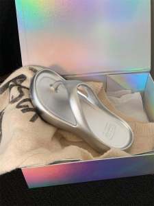 Silver Toe Post Sandals Womens Summer Trendy Beach Vacation Flat Heel EVA Material Korean Style Youth Suitable Slip-On Shoes