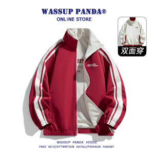 Wassup Panda Wine Red Double-Sided Wearable Stand Collar Jacket Mens Spring Autumn Loose Sports Casual Jacket Polyester