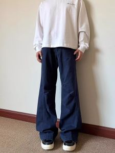 กางเกงขายาวทรงหลวมสไตล์ย้อนยุคแบบอเมริกันสำหรับผู้ชายและผู้หญิง กางเกงขายาวทรงตรงสีพื้นสไตล์ลำลอง เอวยางยืด ฤดูร้อน 2025