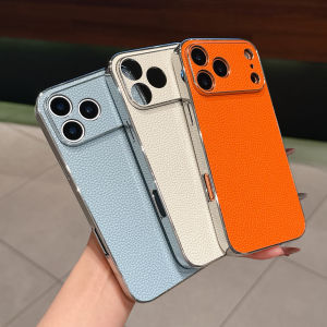 เคสโทรศัพท์กันกระแทกแบบด้านลายลิ้นจี่ สำหรับ iPhone 17 Air 16 15 14 Plus 13 12 11 Pro Max ขอบชุบโครเมียม สไตล์ธุรกิจ