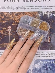 6 Kotak Stiker Foil Glitter Sequin Asimetris Emas & Perak Warna Dekorasi Untuk Membuat Kerajinan Kuku