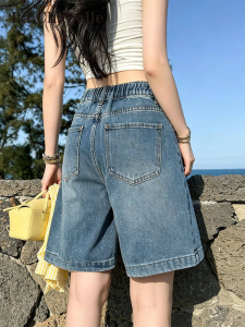 La Chapelle | Retro Elastic Waist A-Line Five-Quarter Denim Shorts