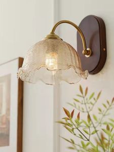 Nordic Glass American Brass Color Lamp Cup Wooden Corridor Study Bedroom Wall Lamp Vintage Japanese Style Lighting Decor