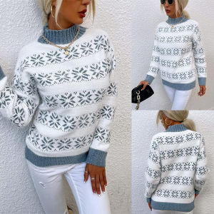 Loose Knitted Sweater Christmas Snowflake Pattern Half High Collar Autumn Winter New Style Casual Soft Polyester Womens Top