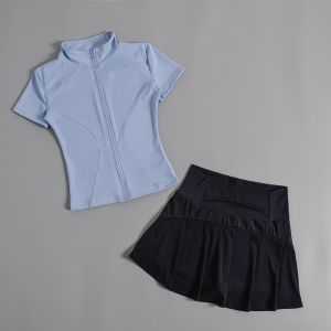 MUSUOGE | Quick-drying Stand Collar Zipper Shortsleeve Pockets Pleated Skirt Tight Fitness Suit