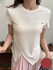 MiiOW | Áo thun tay ngắn cổ tròn cho nữ mùa hè không đều váy trong suốt màu trắng vai áo pha lê cotton thường ngày