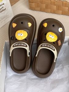 Outdoor Themed Hollow out Thick Heel Sandals for Women Cute Cheese EVA Slip-On Summer Latte Color Clog Shoes by Xixi Strip