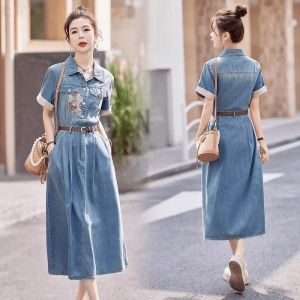 Retro Denim Embroidered Shirt Dress Womens New Summer Chinese Style Slimming Waist Cinched Slim Fit Polo Collar Midi Dress