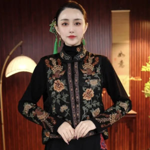 Young Mom Chinese Style Embroidered Peony Patterned Hidden Flower Vintage National Style Stand Collar Side Slit Womens Vest