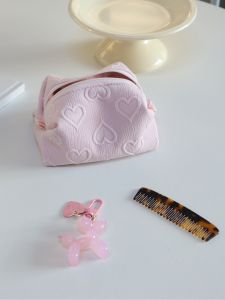 Tiamostudio Macaron Pink Love Heart Shape Cosmetic Bag Small Size Polyester Fabric Cute Bé Gái Makeup Pouch Lipstick Organizer